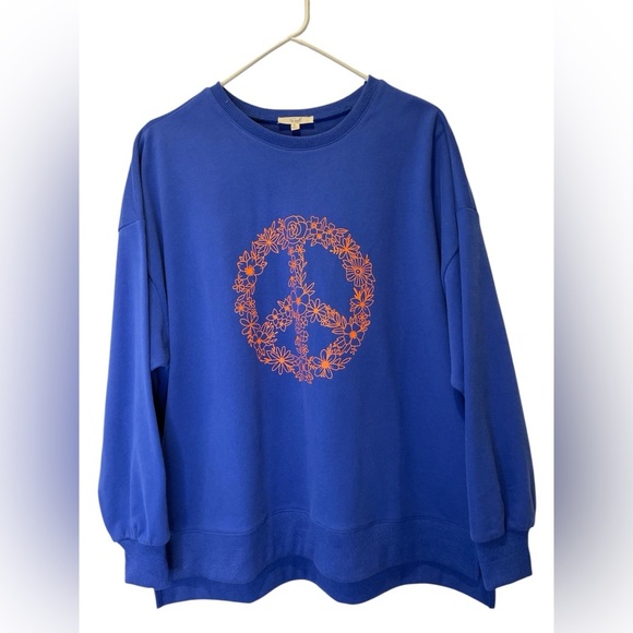 Easel Blue Sweatshirt with Orange Peace Sign size S - Picture 2 of 3